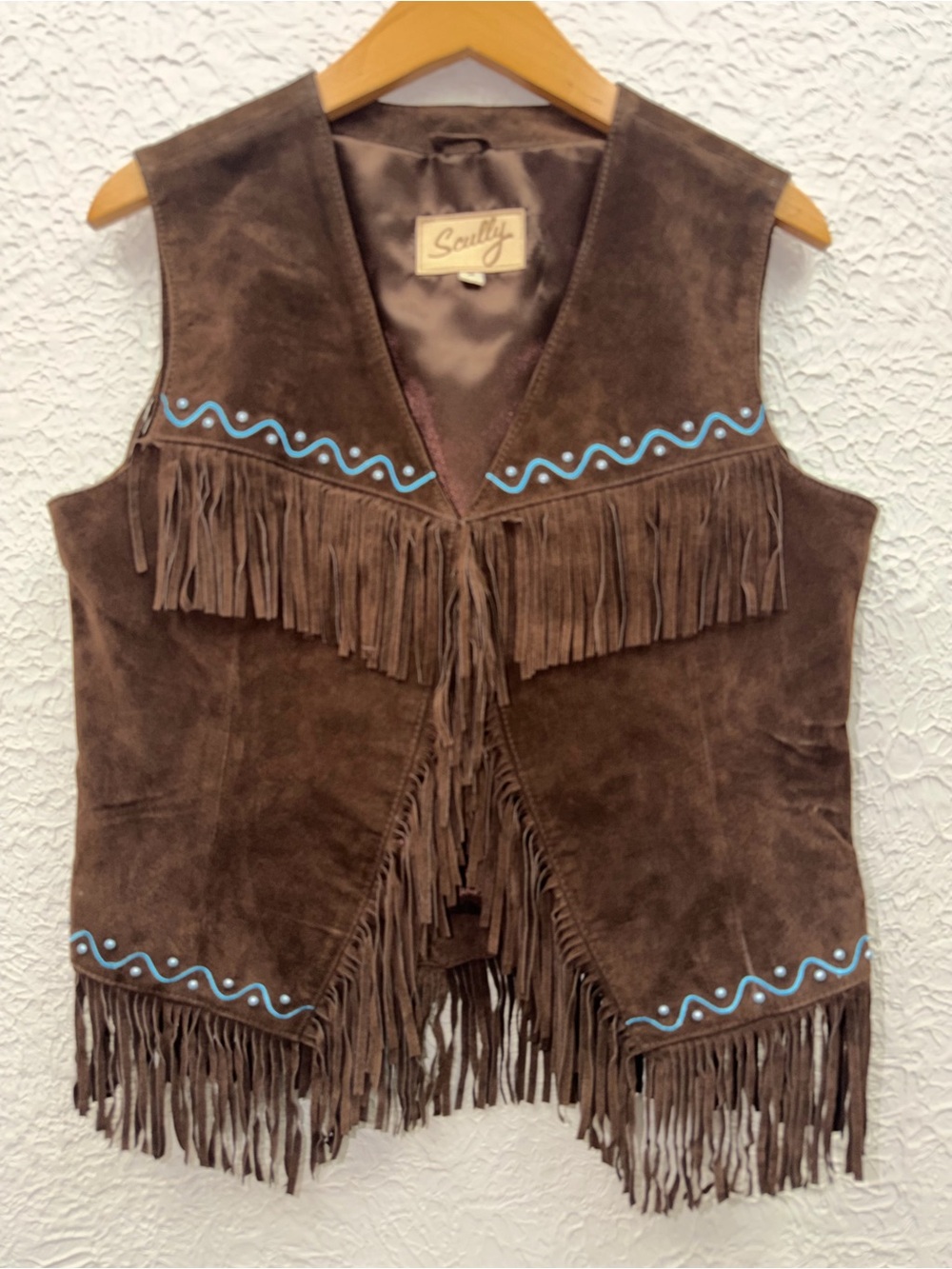 Scully Brown Suede Fringe Vest with Turquoise Accents